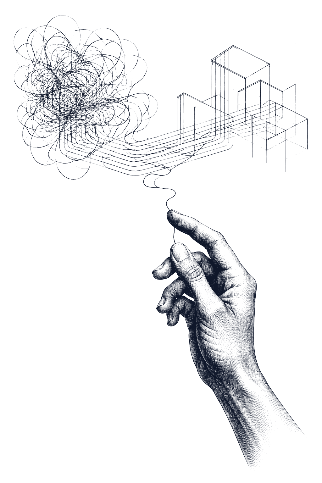Woodcut engraving of an ink-drawn hand unspooling chaos into structured architectural isometric wireframes